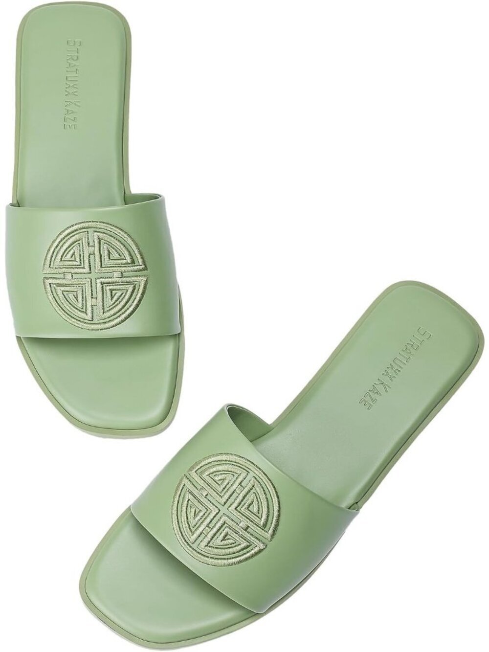 Women's Green Soft Faux Leather Slides Flat With Memory Foam Comfortable Shoes
